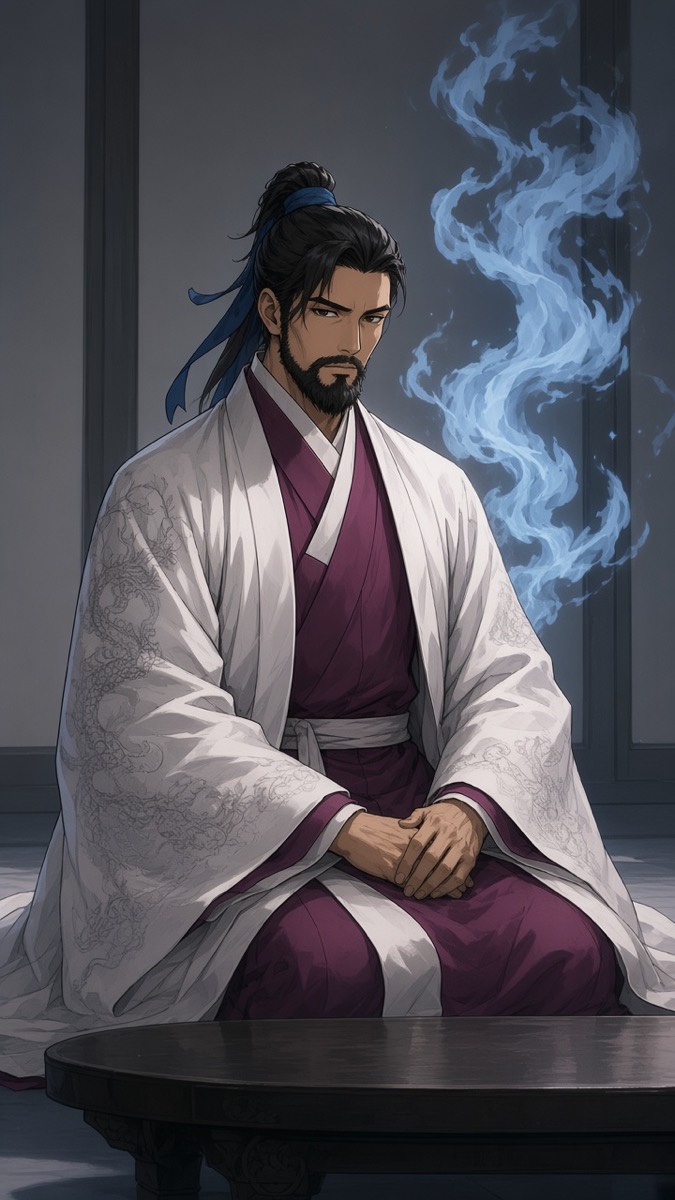 Yushin seated in council dress — beard, white dragon-coat over magenta, blue flame at his shoulder