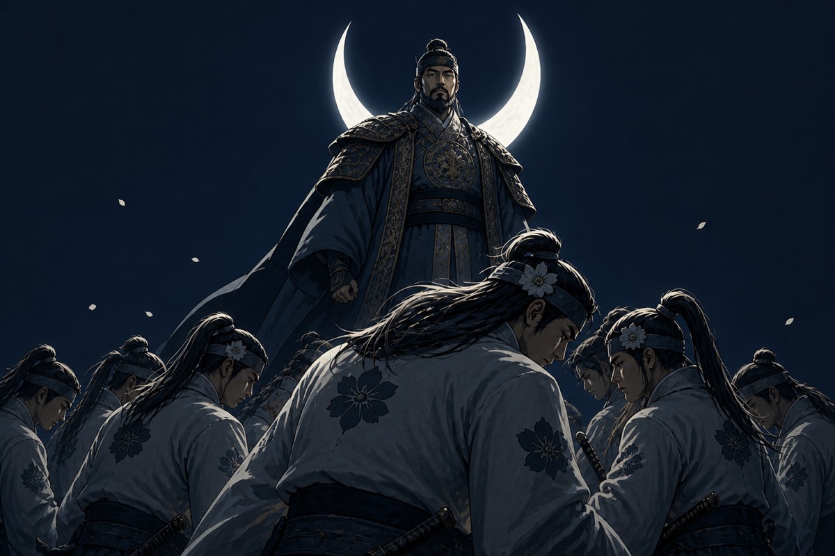 Jinheung the Crescent Moon as a monumental commander under a silver crescent halo, Hwarang bowing in a circle