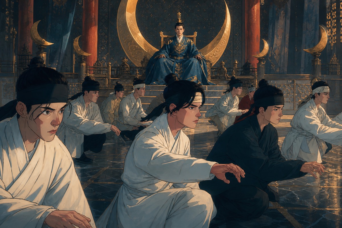 Rows of young Hwarang in white crouch through a training drill on the palace yard