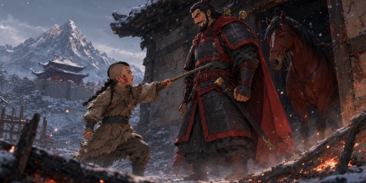 A Mohe boy holds a stick against Yeon Gesomun’s chest in a burnt doorway