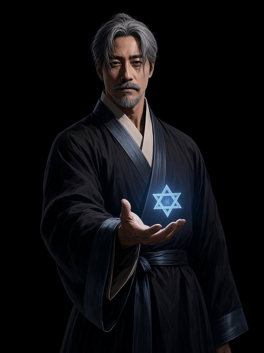 Big Star, taller and cooler, right hand out, a blue star hovering above his palm in a black void