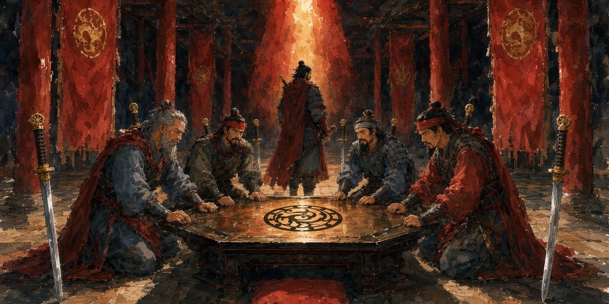 One-point hall: Yeon walks away down the axis into the light while the four commanders argue over the crow roundel, his cushion empty in the foreground