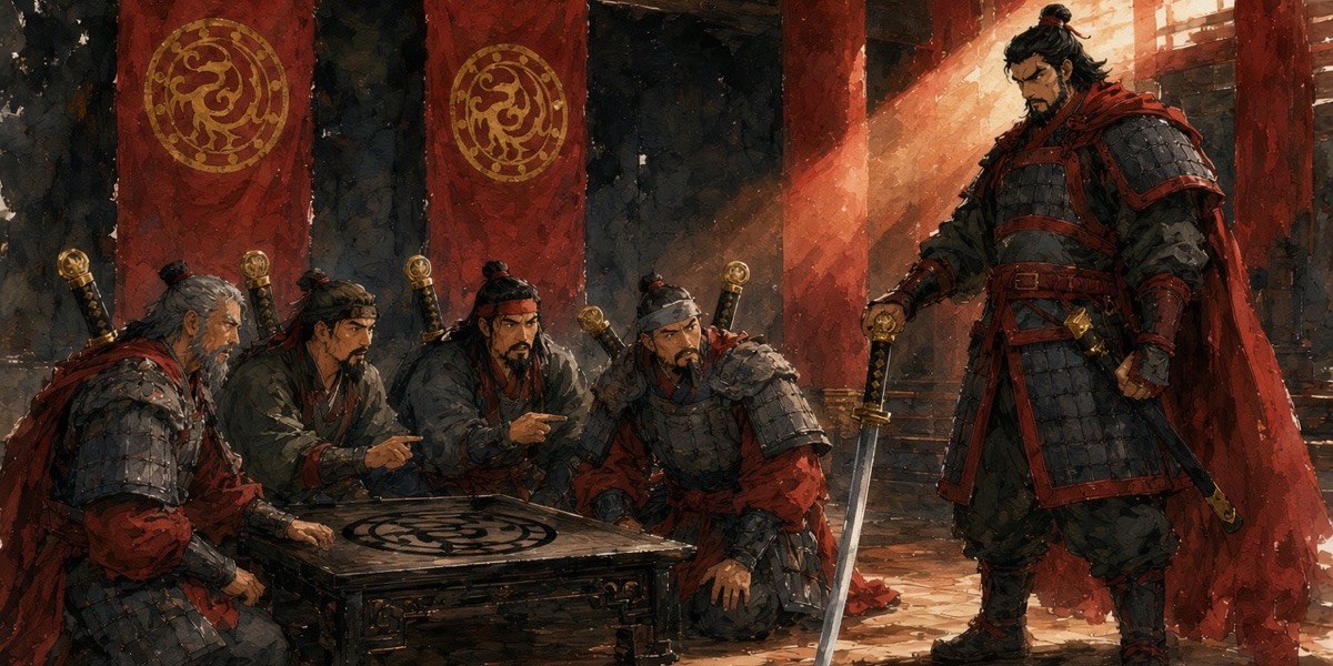Caravaggio layout: a diagonal shaft splits the dark hall; Yeon stands at right grounding his sword while the four commanders turn from the pentagon table