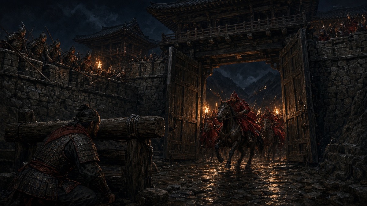 Daeya mountain fortress: the inner gate opening from inside as Baekje troops wait on the approach road