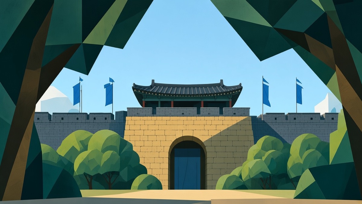 Wide Daeya: tan central gate, giwa munru, grey flanking walls, trees framing the approach