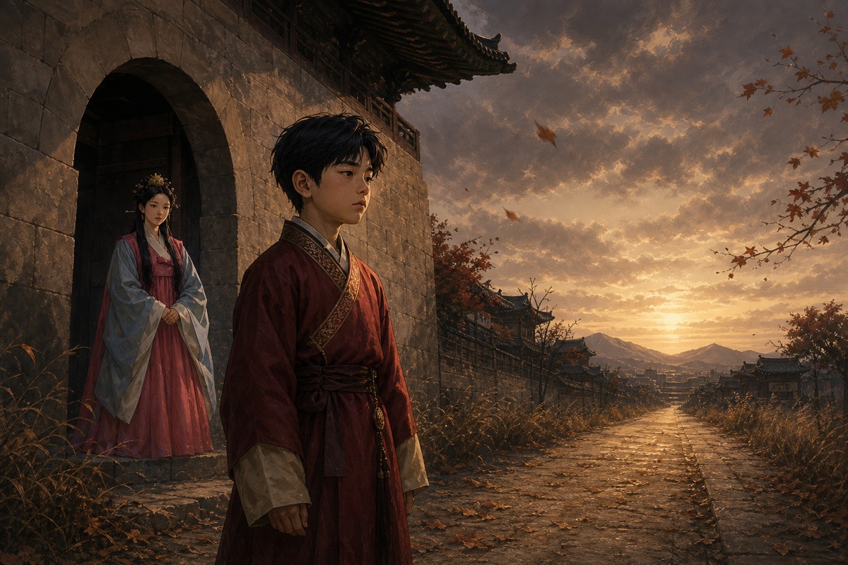 Young Bupmin waiting at the Surabol gate before an empty road, Munhee behind him letting him see it