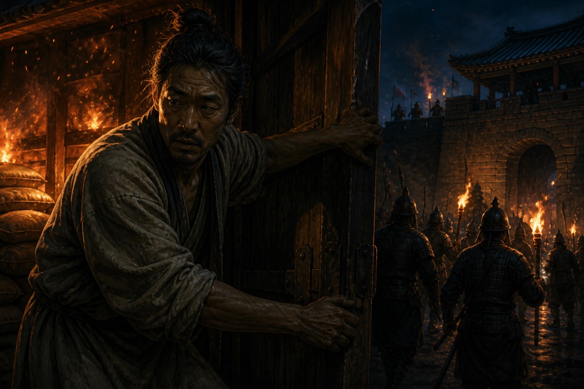 Geomil heaving the granary gate open to Yunchung's army by night, the stores he counted burning behind him