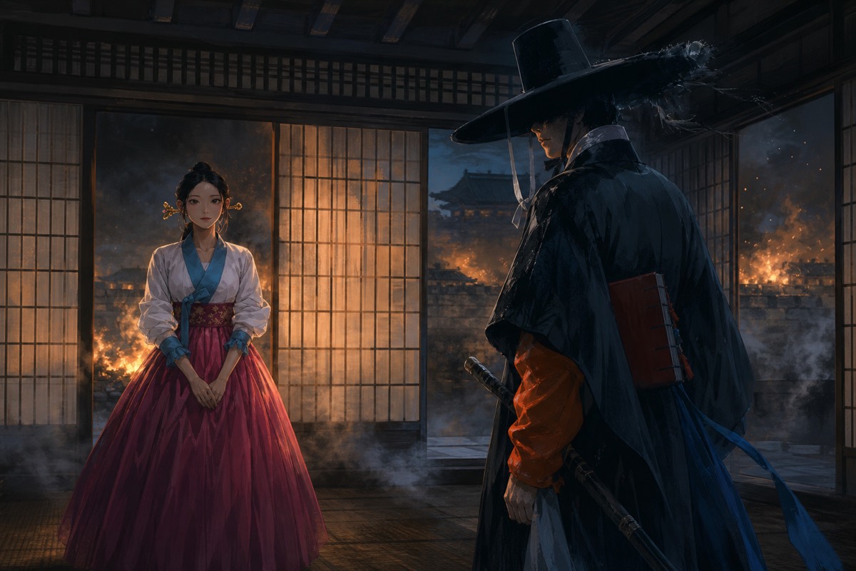 The underworld messenger Kangrim, ledger under one arm, appearing to Lady Gotaso in Daeya's last room