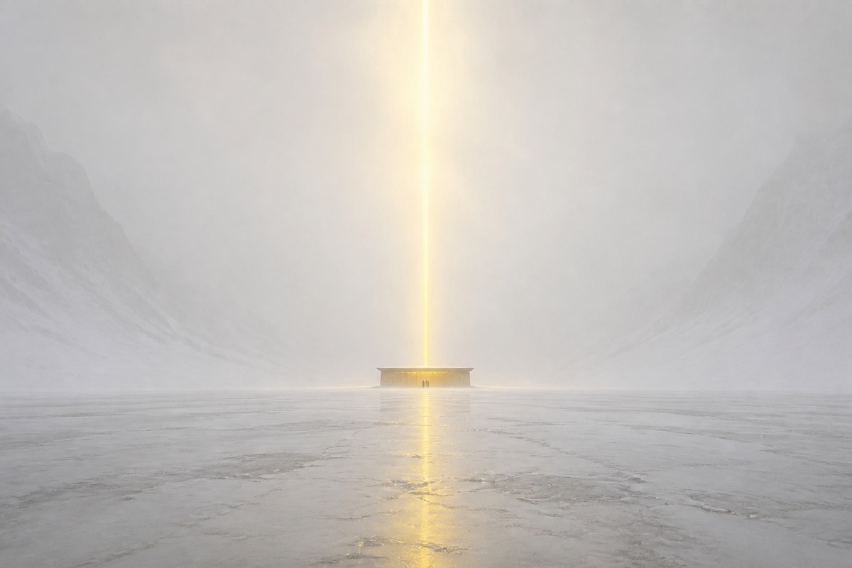 Dangun’s first court as a tiny hall on a vast mist-white plain, one gold mandate-shaft