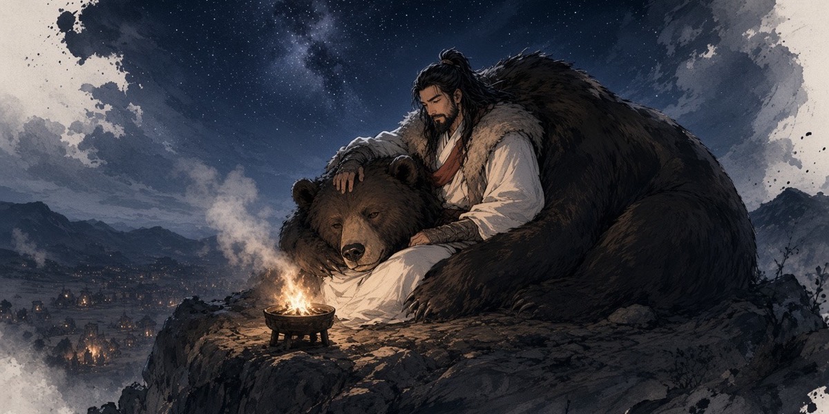 Poster key art: Dangun rests against the sleeping great bear on the mountain summit at night, his hand on its head as campfires burn far below