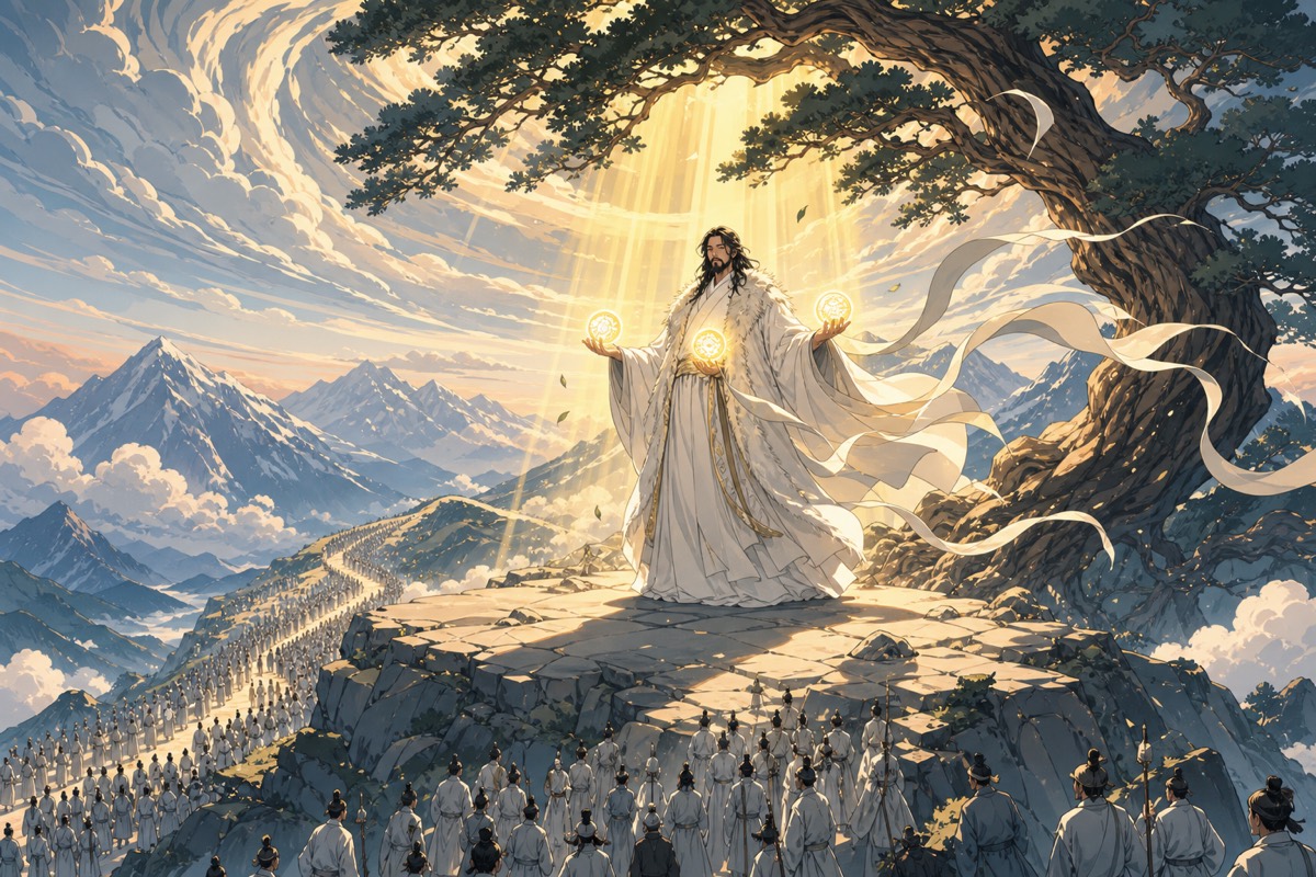 Mist-wreathed sacred mountain where Hwanung descended — the sandalwood tree and the bear-woman's vigil