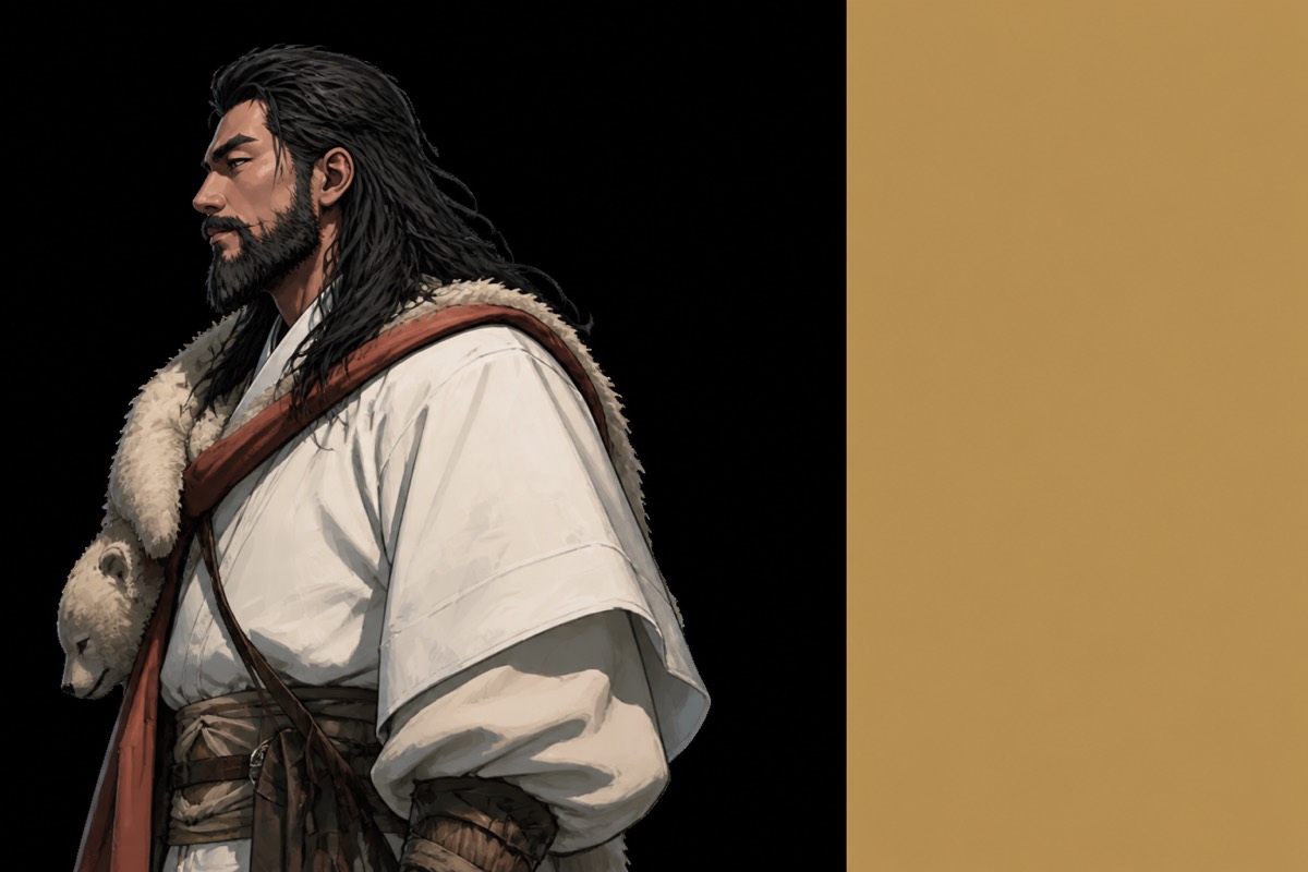 Dangun in left profile against a hard bronze-gold rectangle of mandate-light, white robes and red sash