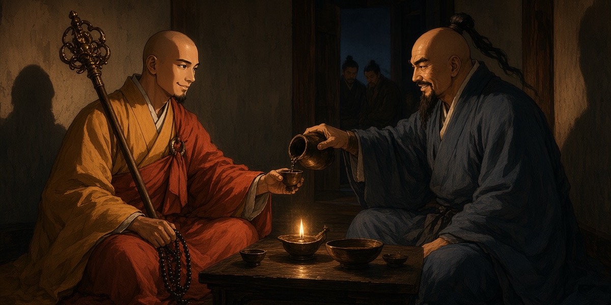 Dochim accepts a cup at Boksin's supper table; Boksin's other hand stays below the table.