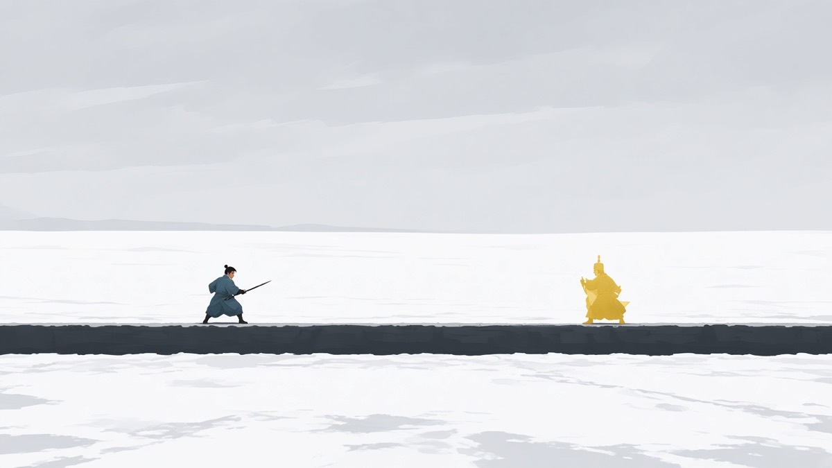 A single dark ditch-strip: tiny gold King Seong, tinier Dodo, one blade-line, vast emptiness