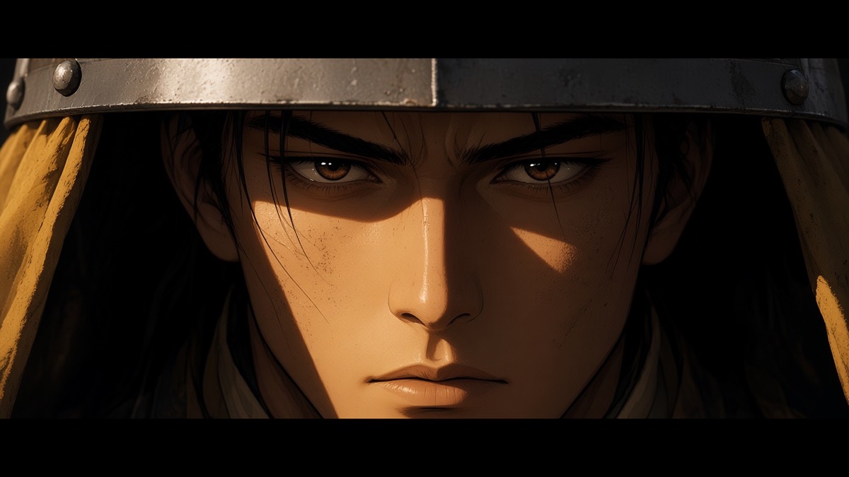 Extreme close-up mirror: Gyebek’s eyes counting under a dented helm, a warm yellow sliver of light, dust caught in his lashes