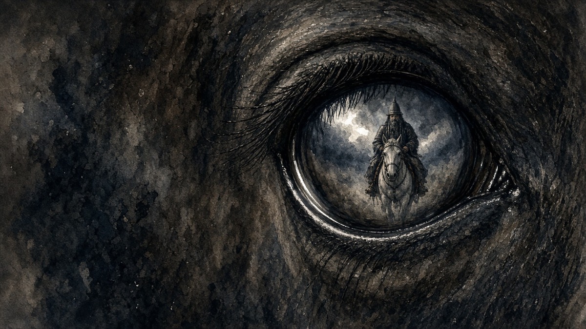 Extreme close-up of black Gomanari’s eye filling the frame; in the wet convex surface, tiny and curved, a grey horse and a rider in a tall helm come on through the dust