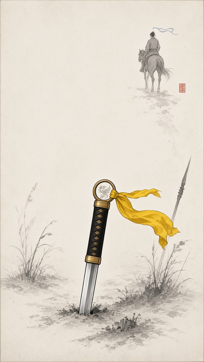 Ink-hybrid vertical: a phoenix ring-pommel sword standing alone in a pale ink-wash field, a torn yellow sash on the pommel, and far up the paper a tiny grey horse and rider walking away