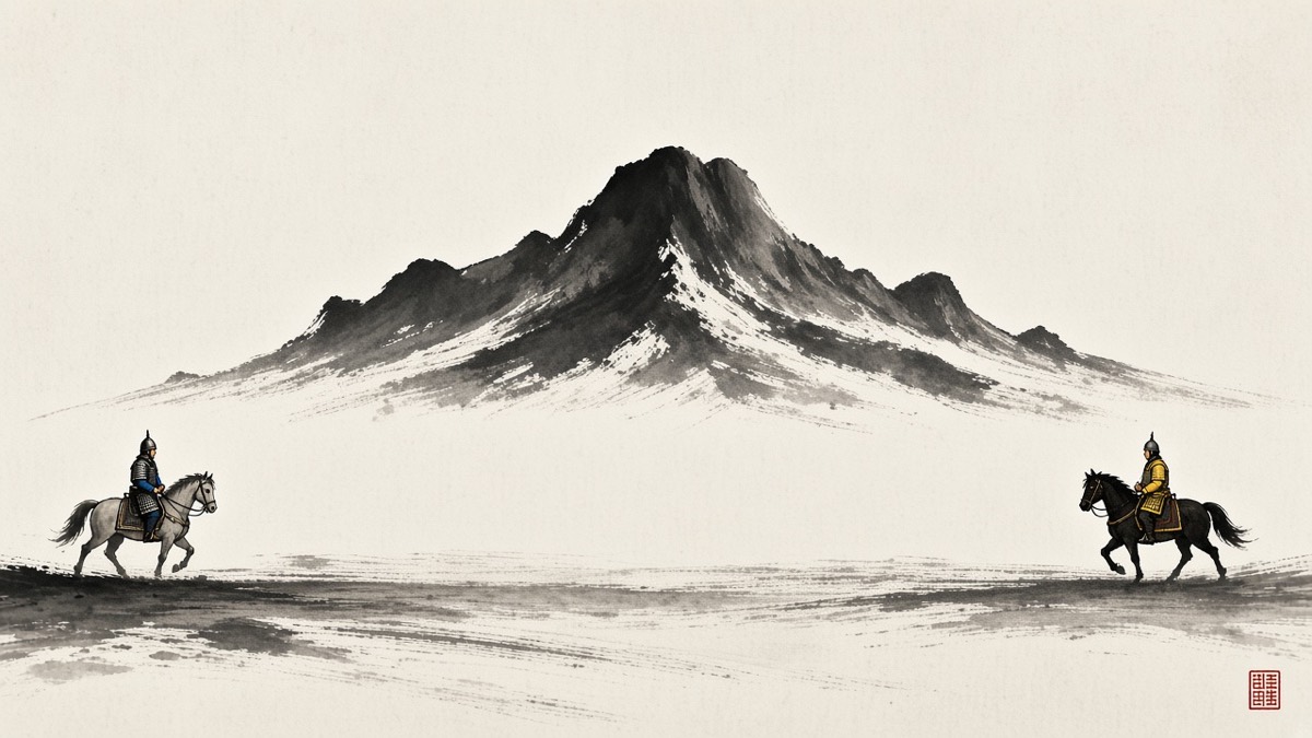 Ink-hybrid wide: an empty hanji-pale field, two tiny riders converging from opposite edges, a grey horse with a blue sleeve and a black horse with a yellow sleeve, dust in dry brush strokes