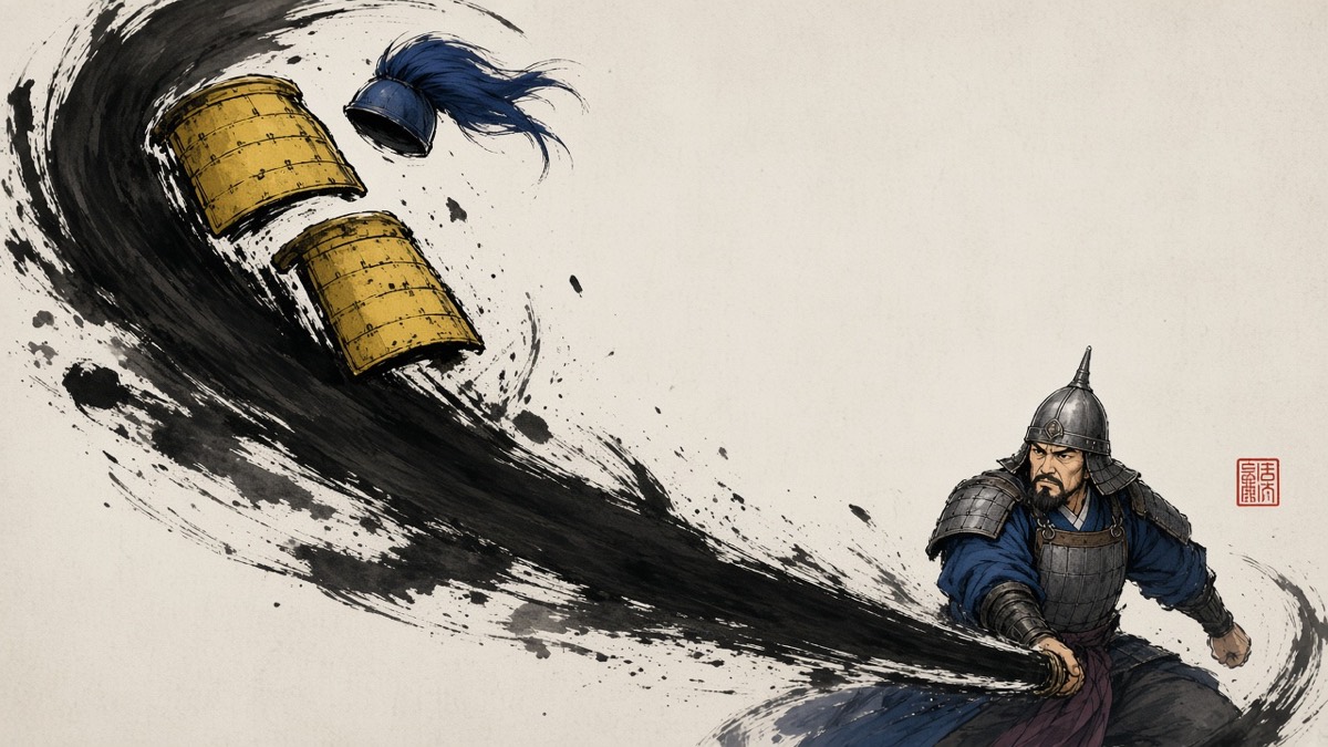 Ink-hybrid: the cut as one enormous black calligraphic brushstroke sweeping across the frame, Yushin painted mid-follow-through, a blue plume and a split yellow lacquer plate flying, ink spatter for dust