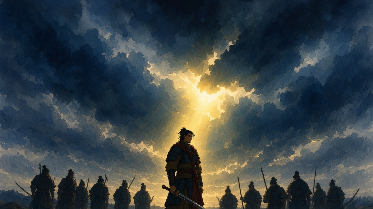 A sublime storm fills the frame above a thin line of a dozen Baekje silhouettes with broken spears; Gyebek stands at center beneath one yellow break in the clouds
