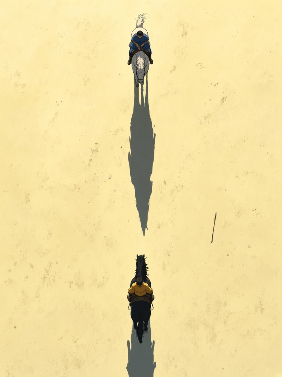 Bird’s-eye: two mounted generals facing each other far apart on yellow dust, their low-sun shadows stretching toward each other like two long black brushstrokes that almost touch