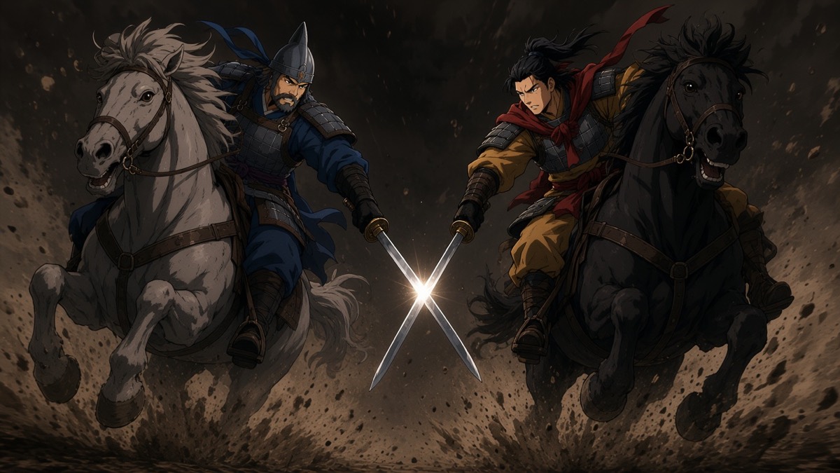 Worm’s-eye clash: grey Hanseul and black Gomanari crash past each other, two ring-pommel blades meeting, a single shaft of sun cutting through a wall of dust