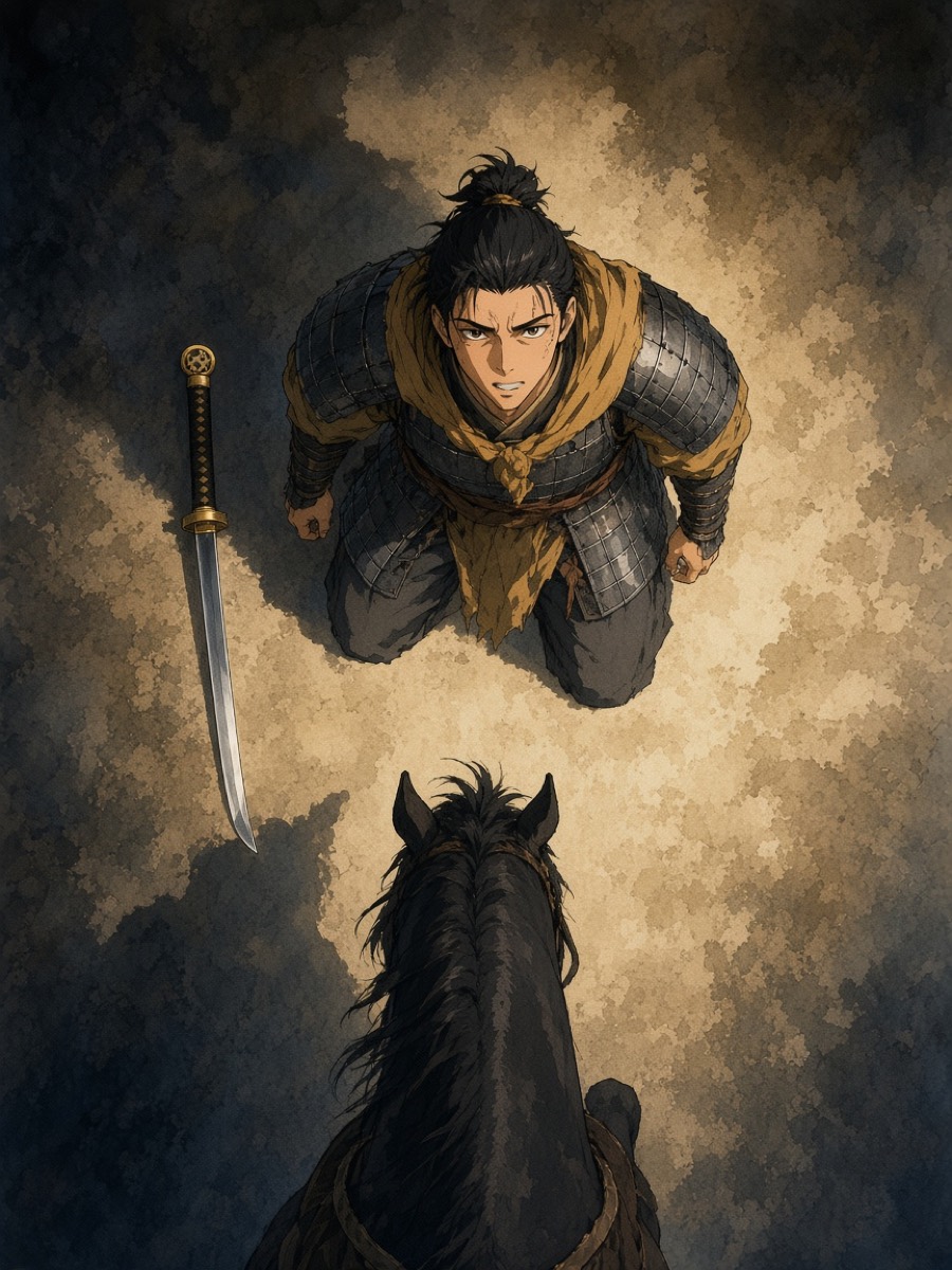 Straight down from the sky: Gyebek kneels in a pool of pale light beside his planted ring-pommel sword, face tipped up into the lens; black Gomanari is half swallowed in shadow