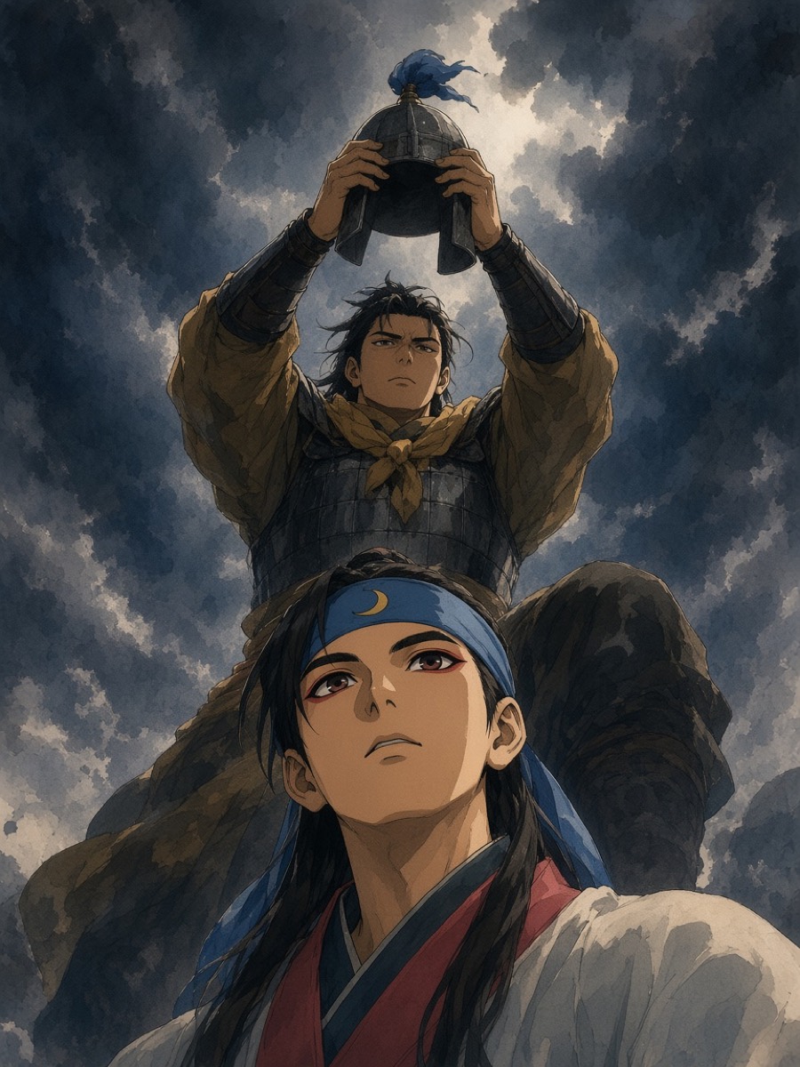 Worm’s-eye from the dirt: Gyebek kneels above, holding a boy’s unstrapped helmet up against a storm sky with one pale break; sixteen-year-old Gwanchang’s bound, upturned face fills the lower corner