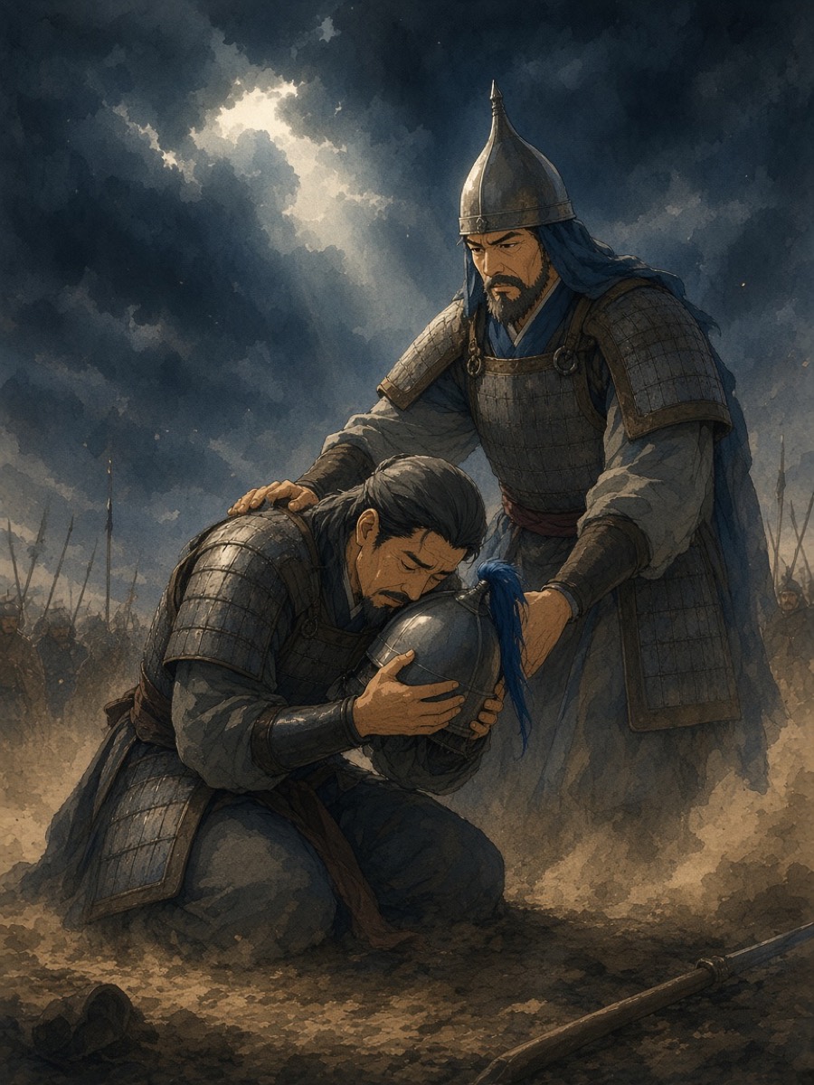 Worm’s-eye pietà: Pumil curled over his son’s helmet fills the foreground in a pool of light; old Yushin stands above him against a black storm, one gauntlet on his shoulder, half his face lit