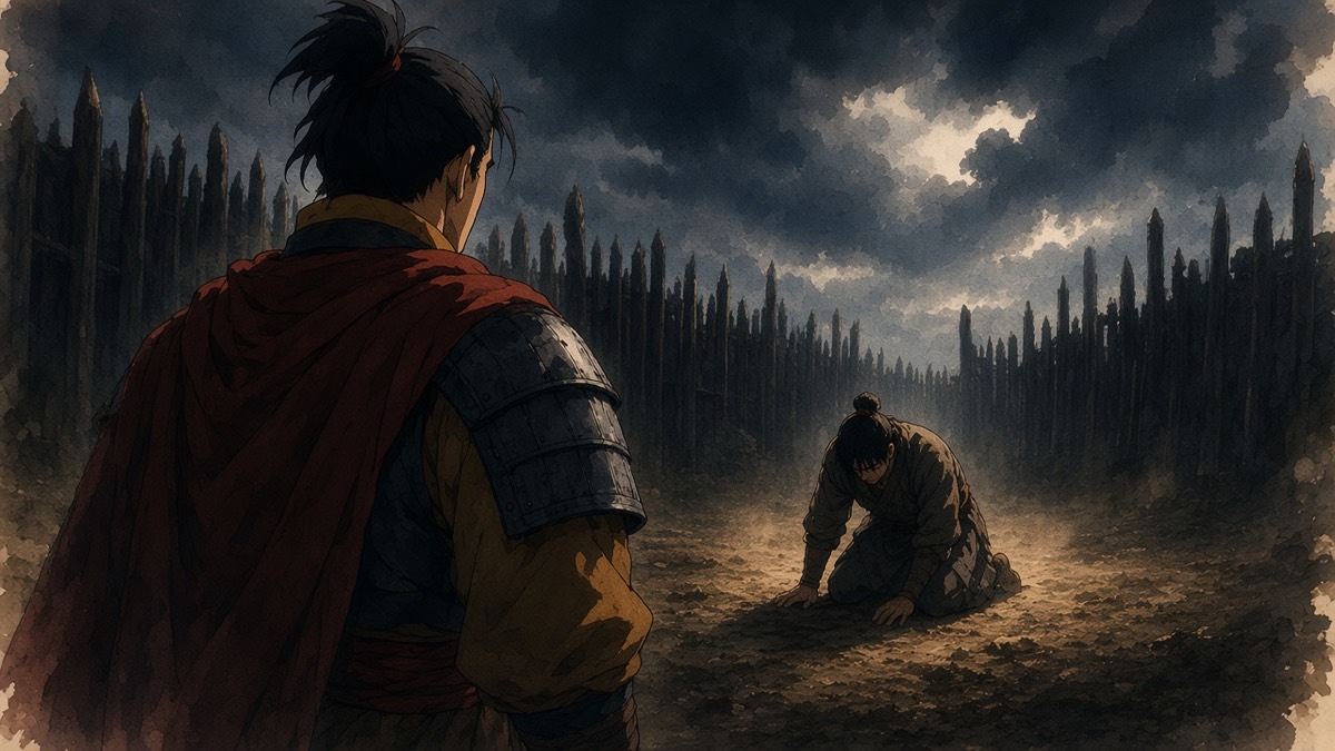 Rückenfigur: Gyebek from behind, a black mass in the foreground, looking down at a runner kneeling in one bar of light beyond the palisade, a storm sky with one pale break overhead