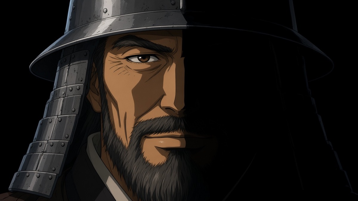 Extreme close-up: Yushin’s eyes in the slit between helm brim and cheek-guard, one eye lit by a cold blue key, the rest of the frame black