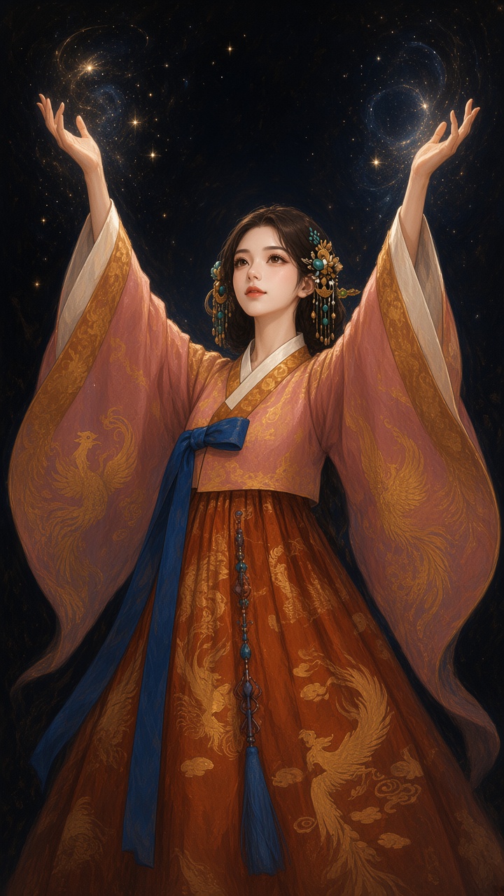Queen Sunduk reaching toward the stars - astronomer queen receiving heaven