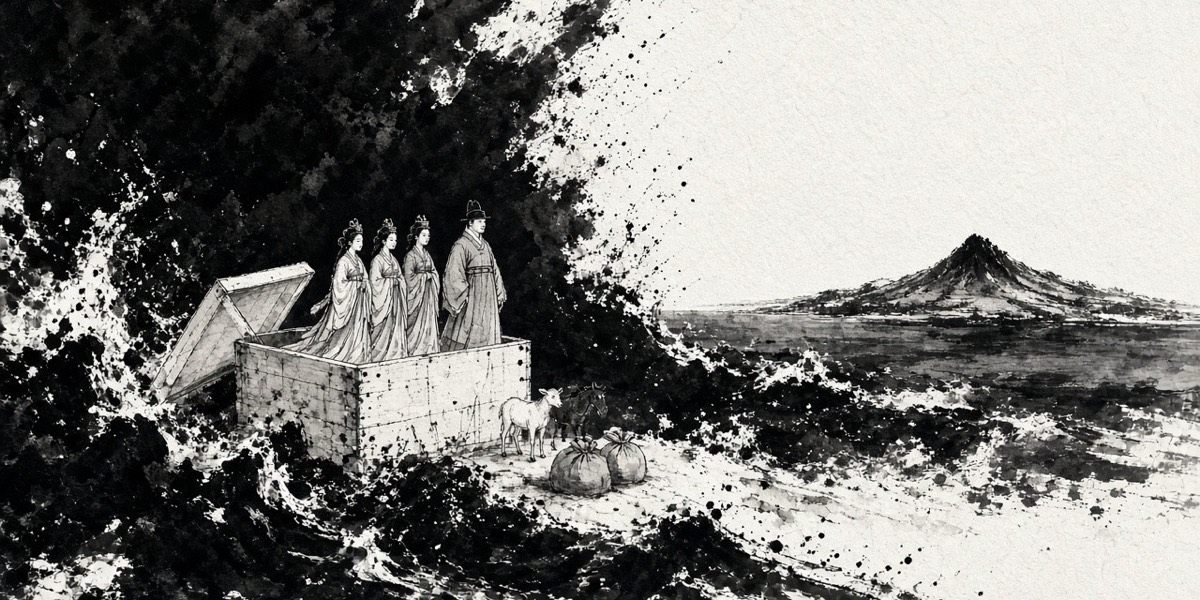 A box drifts in from the East Sea with three princesses inside