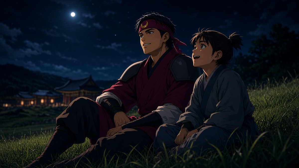Dutch low night: two boys on a real hill, distant giwa bokeh, one small planet