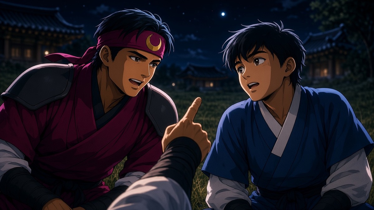 Dutch two-shot: a pointing sleeve, two boys, one small planet in a natural sky