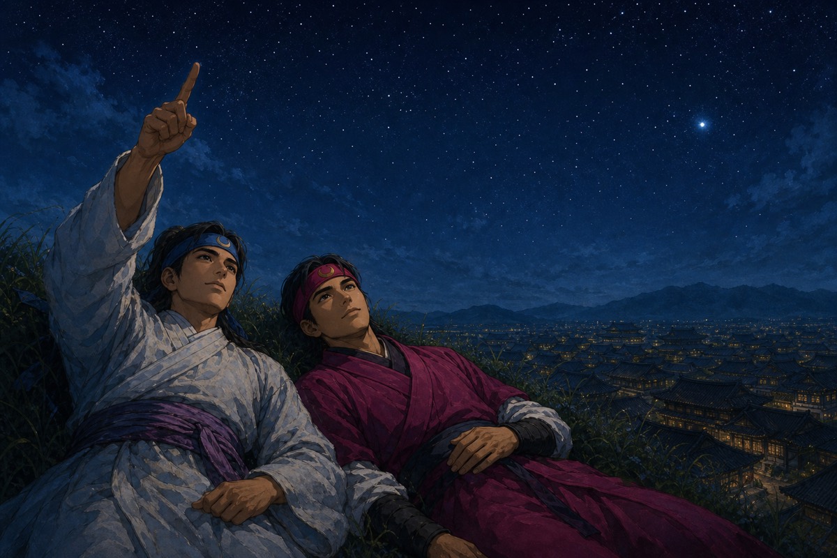 Two boys lie on a hill above Surabol at night, pointing at the bright east star