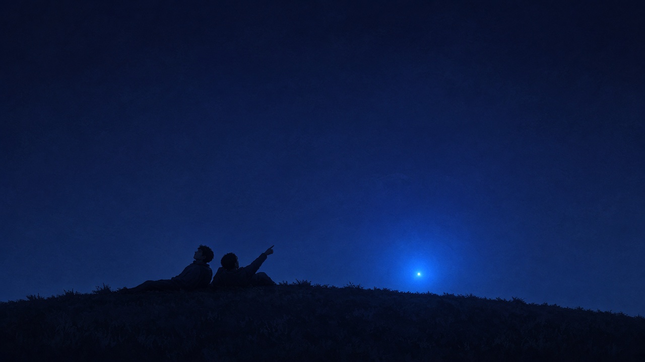 Two boys pointing at a brilliant star on the horizon - the moment Chunchu and Yushin vow to unite Samhan