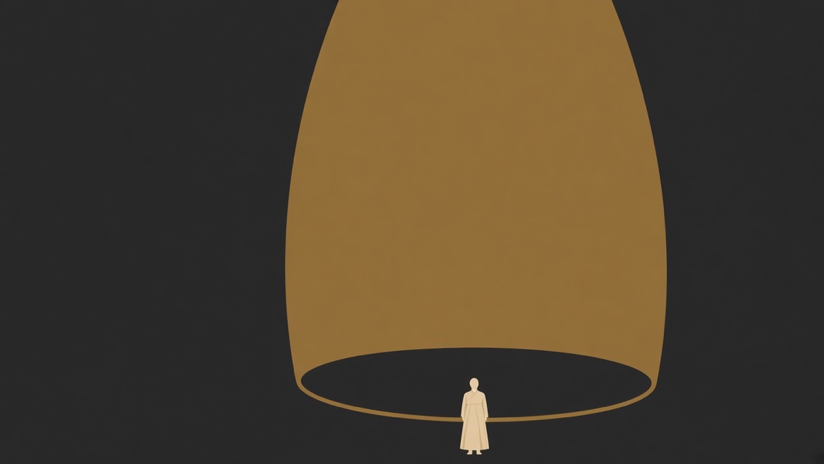The Sacred Bell of King Seongdeok as a huge bronze ovoid hanging in a charcoal void