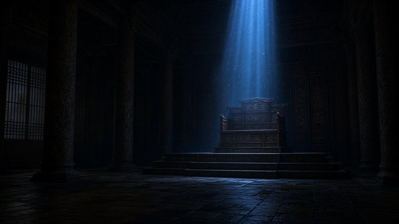 Empty throne room with shaft of blue light falling on vacant seat - power vacuum and succession crisis
