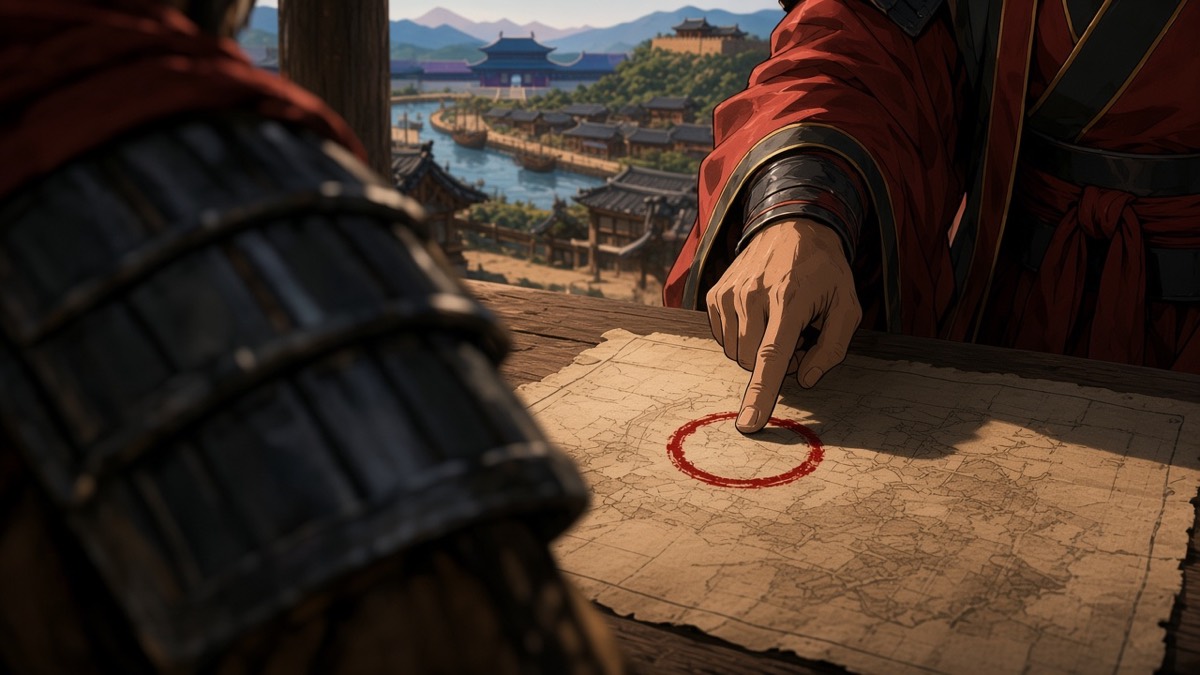 Dutch: Euija’s hand over blank parchment — one red circle stamp for the western harbor, no readable text