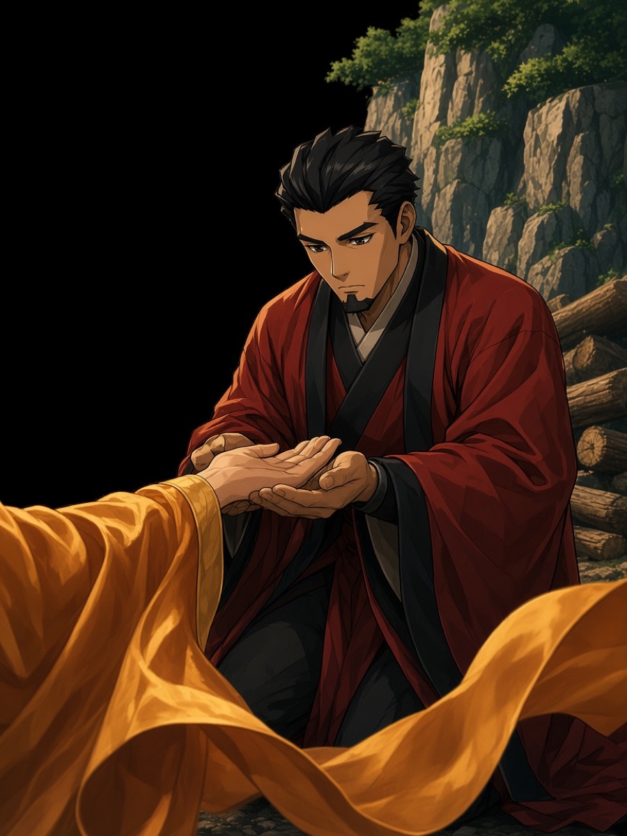 Chunbok mid-kneel receiving the Premier’s seal; Euija a hard amber sleeve