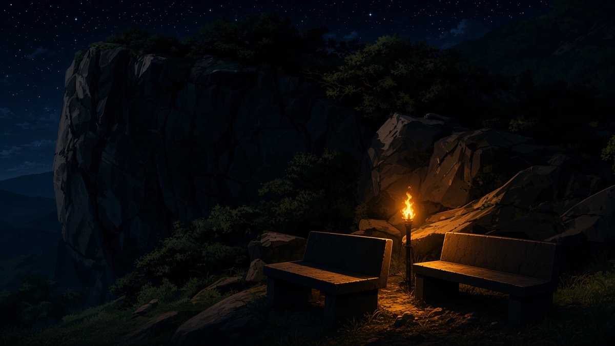 Empty Assembly benches as a dark wedge; one amber lamp