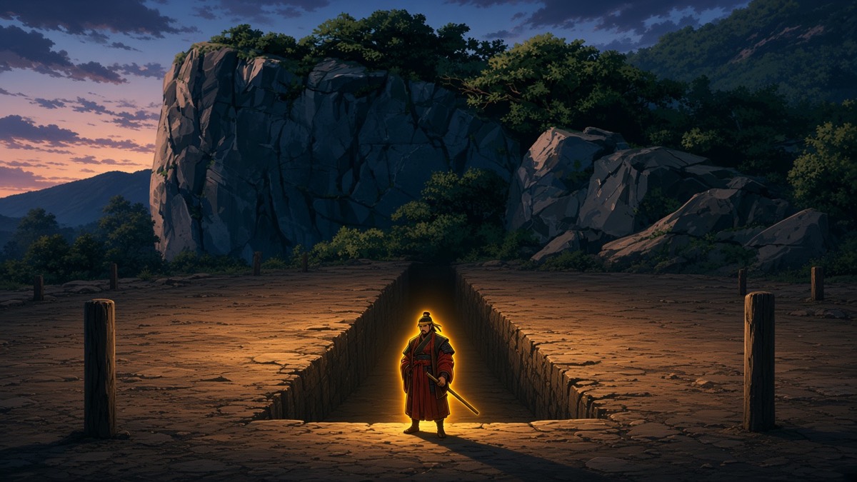 Wide Deer Rock: empty aisle, tiny amber figure at the helm, dusk