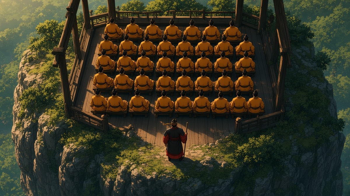 Iconic: forty-one tiny amber stamps on the benches; empty clan seats
