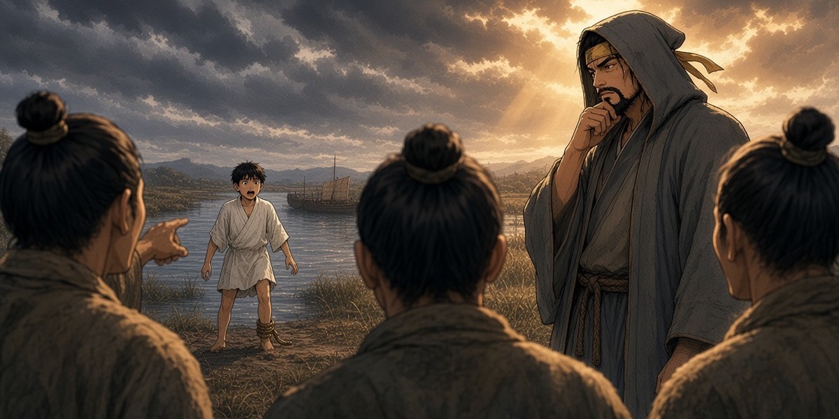 From behind the jeering crowd on the bank, a man in a grey hood watches a boy surface in the river