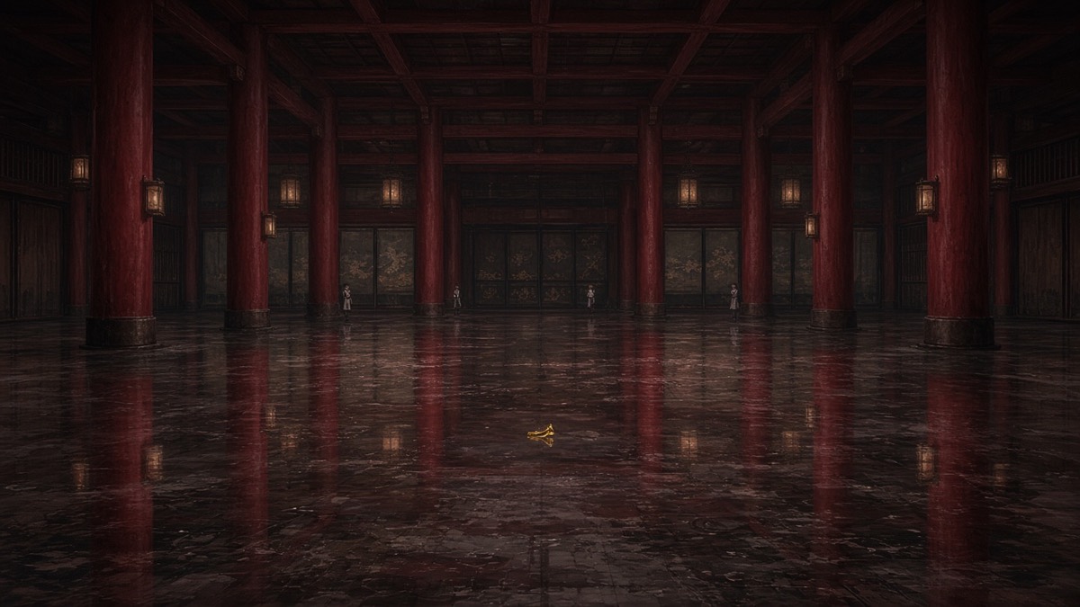 Wide empty Sabi banquet hall: one gold headband spark, wine-red floor