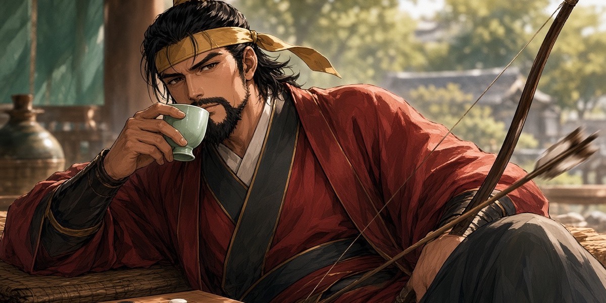 Close: Euija looses an arrow one-handed without looking, his eyes on the go board and a wine cup at his lips