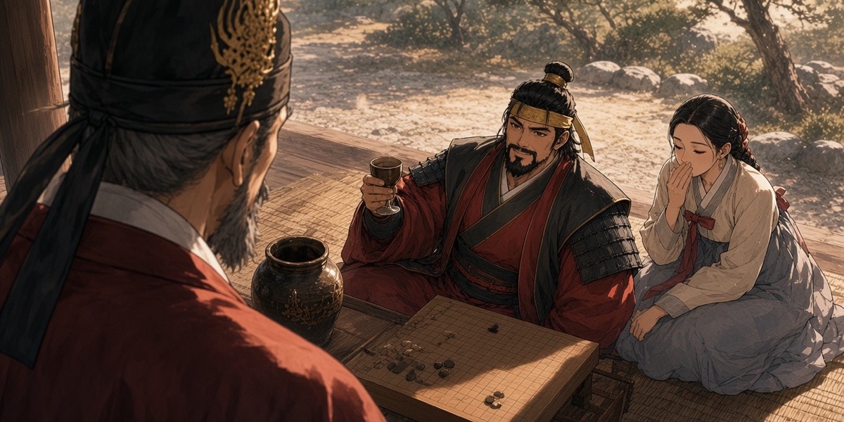 Over King Mu's shoulder: the old king looks down at his lounging son while both court ladies freeze mid-giggle