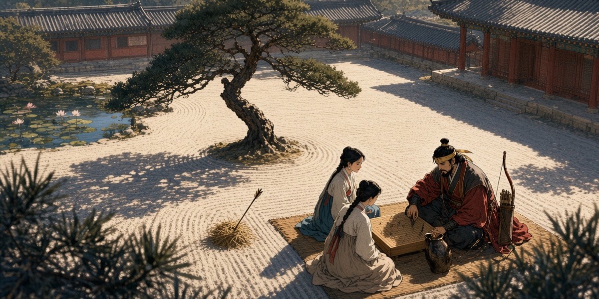 High wide over the Sabi palace rear garden: a tiny prince sprawled at a go board under a pine, a bow and a wine jar beside him, two court ladies kneeling