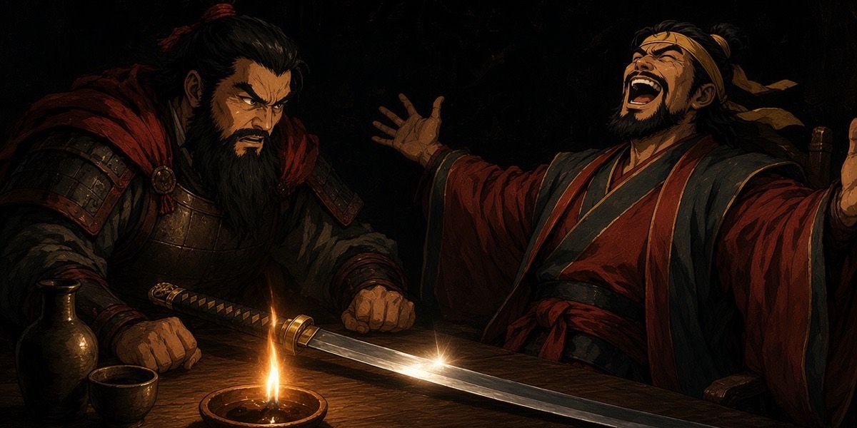 Caravaggio’s Supper at Emmaus: Euija flings both arms wide laughing, Gesomun leans in over the sword on the table